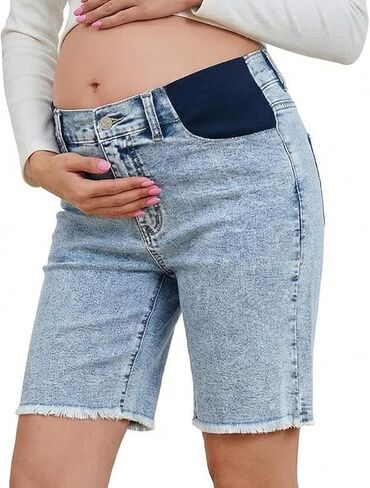 BLENCOT Maternity Bermuda Shorts Bump-Friendly Stretchy Raw Hem Summer Jeans Pregnancy with Pockets in Saudi Arabia
