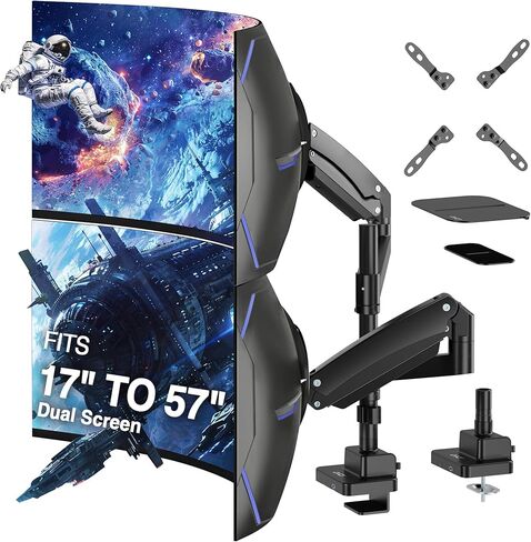 AVLT مزدوج 57 بوصة عالي التحمل، حامل ذراع شاشة التراص مع منافذ USB-C USB-A - أسود، ارتفاع قابل للتعديل، سهل التركيب، مشبك C-حلقة علوية مع لوحات تقوية، متوافق مع VESA 200/100/75 in Kuwait