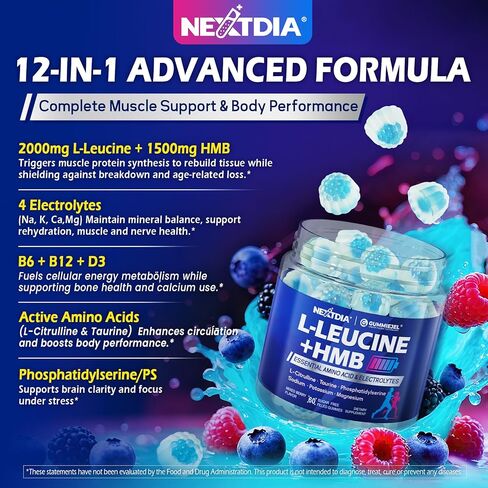 Hmb and L-Leucine Gummies Supplements + 4 Hydration Electrolytes, Sugar Free Essential Amino Acids Gummy for Men Women, Branched-Chain Amino (BCAA) & Taurine, L-Citrulline, D3 B6 B12 for Energy, 60Cts in Saudi Arabia
