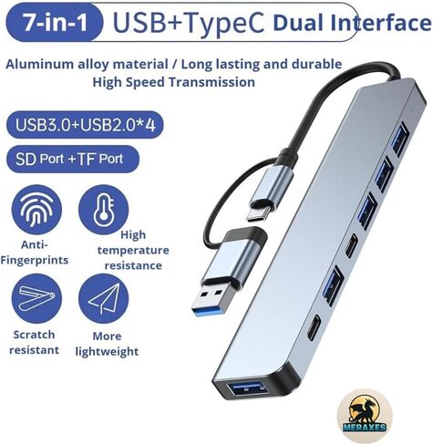 MERAXES 7 في 1 USB-C & USB Hub، محول متعدد المنافذ من الألومنيوم مع USB-C، USB 3.0 ومنافذ USB 2.0، قاعدة شحن USB متعددة لأجهزة MacBook Pro/Air، iPad، أجهزة الكمبيوتر المحمولة وأجهزة الكمبيوتر الشخصية in Saudi Arabia