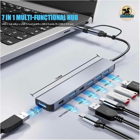MERAXES 7 في 1 USB-C & USB Hub، محول متعدد المنافذ من الألومنيوم مع USB-C، USB 3.0 ومنافذ USB 2.0، قاعدة شحن USB متعددة لأجهزة MacBook Pro/Air، iPad، أجهزة الكمبيوتر المحمولة وأجهزة الكمبيوتر الشخصية in Saudi Arabia