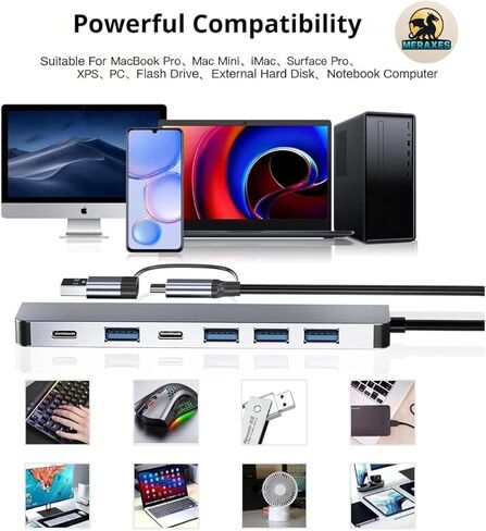 MERAXES 7 في 1 USB-C & USB Hub، محول متعدد المنافذ من الألومنيوم مع USB-C، USB 3.0 ومنافذ USB 2.0، قاعدة شحن USB متعددة لأجهزة MacBook Pro/Air، iPad، أجهزة الكمبيوتر المحمولة وأجهزة الكمبيوتر الشخصية in Saudi Arabia
