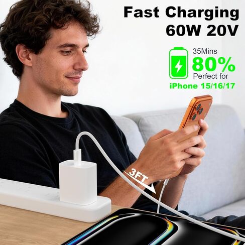 كابل USB C، كابل USB C إلى USB C 3FT 2 حزمة، كابل شحن سريع من النوع C 60 وات لهاتف iPhone 17/16/15 Pro Max/Pro/Plus، سلك شاحن iPhone مجدول من النايلون لأجهزة iPad وMacBook in Kuwait