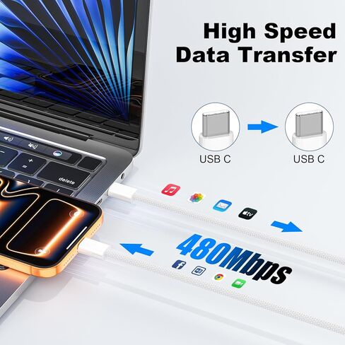 كابل USB C، كابل USB C إلى USB C 3FT 2 حزمة، كابل شحن سريع من النوع C 60 وات لهاتف iPhone 17/16/15 Pro Max/Pro/Plus، سلك شاحن iPhone مجدول من النايلون لأجهزة iPad وMacBook in Kuwait
