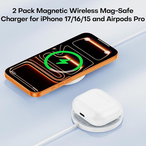 [معتمد من Apple MFi] شاحن لاسلكي مغناطيسي Apple MagSafe iPhone، وسادة شحن لاسلكية سريعة 15 وات 6FT لهواتف Apple iPhone 16/15/14/13/12 Pro Max Plus/AirPods 2 3 4 Pro 2 3، وسادة شحن [عبوتان] in Saudi Arabia