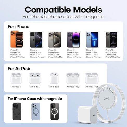 [معتمد من Apple MFi] شاحن لاسلكي مغناطيسي Apple MagSafe iPhone، وسادة شحن لاسلكية سريعة 15 وات 6FT لهواتف Apple iPhone 16/15/14/13/12 Pro Max Plus/AirPods 2 3 4 Pro 2 3، وسادة شحن [عبوتان] in Saudi Arabia