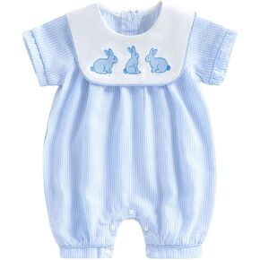 Newborn Baby Boy Easter Outfit Rabbit Short Sleeve Striped Romper Jumpsuit One Piece Smocked Bubble Clothes in Saudi Arabia