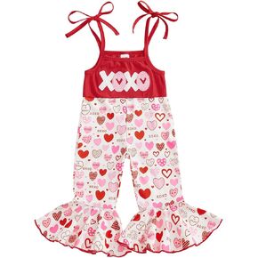 Owl's-Yard Baby Girl Valentine's Day Romper Sleeveless Tie-up Strap Heart Pattern Flared Leg Bell Bottoms in Saudi Arabia