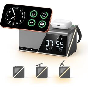 4URPC 6-in-1 Alarm Clock Wireless Charging Station for Apple Multiple Devices,MagSafe Charging Dock for iPhone 17/16/15/14/13 Series, Apple Watch, AirPods,Wireless Charger with Night Light/Alarm Clock in Kuwait