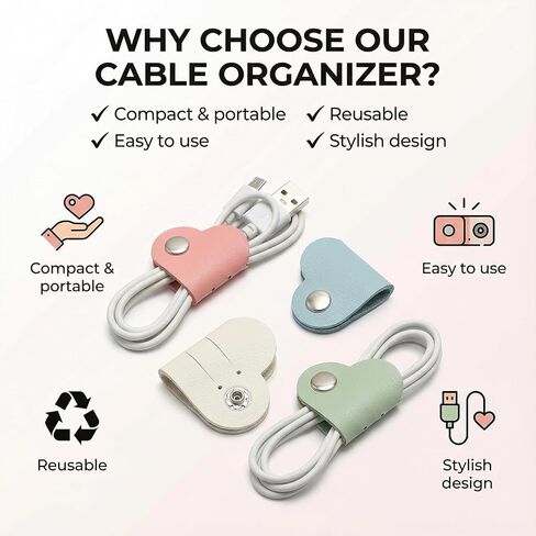 4Pcs Leather Cable Straps for Cord Management, Multi-Color Cord Organizer Ties with Metal Snap, Portable USB Cable Keepers for Desk and Travel in Saudi Arabia