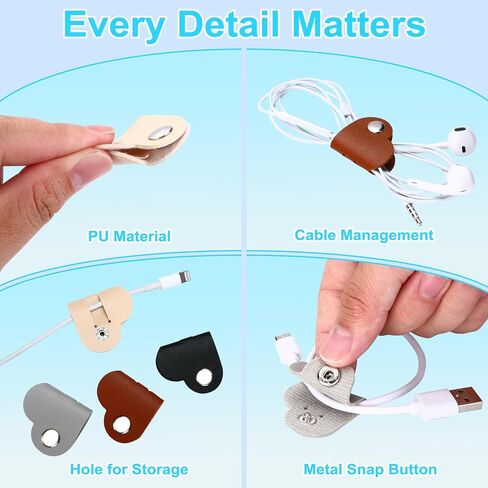 8-Pack Heart-Shaped Cord Organizer - PU Leather Cable Winder with Metal Snap for Earphones, Charger Cables - Tangle-Free Storage in Black/Brown/Beige/Gray in Saudi Arabia