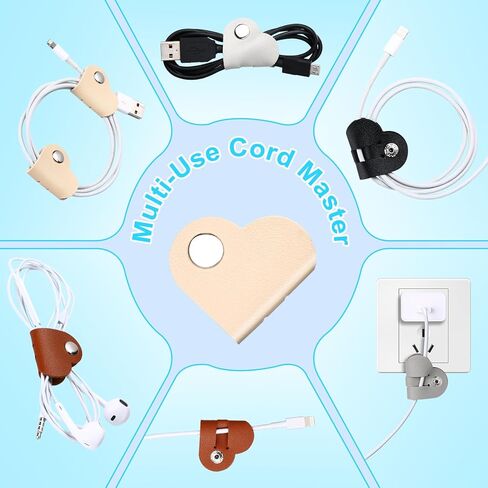 8-Pack Heart-Shaped Cord Organizer - PU Leather Cable Winder with Metal Snap for Earphones, Charger Cables - Tangle-Free Storage in Black/Brown/Beige/Gray in Saudi Arabia