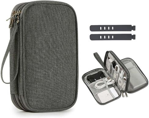 حقيبة تنظيم السفر من ULLiaN Electronics، حقيبة تخزين سلكية مزودة بطبقتين من الملحقات التكنولوجية مع قطعتين من ربطات البيانات المصنوعة من السيليكون وحقائب الكابلات المحمولة لشاحن الهاتف وبنك الطاقة وكابلات بطاقة SD، رمادي in Kuwait