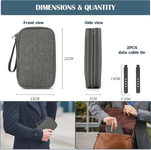 حقيبة تنظيم السفر من ULLiaN Electronics، حقيبة تخزين سلكية مزودة بطبقتين من الملحقات التكنولوجية مع قطعتين من ربطات البيانات المصنوعة من السيليكون وحقائب الكابلات المحمولة لشاحن الهاتف وبنك الطاقة وكابلات بطاقة SD، رمادي in Kuwait