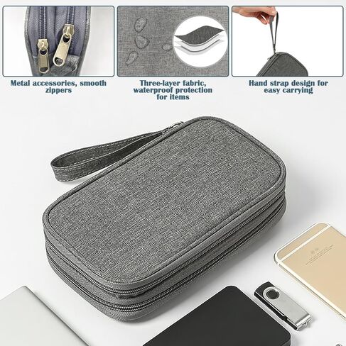 حقيبة تنظيم السفر من ULLiaN Electronics، حقيبة تخزين سلكية مزودة بطبقتين من الملحقات التكنولوجية مع قطعتين من ربطات البيانات المصنوعة من السيليكون وحقائب الكابلات المحمولة لشاحن الهاتف وبنك الطاقة وكابلات بطاقة SD، رمادي in Kuwait