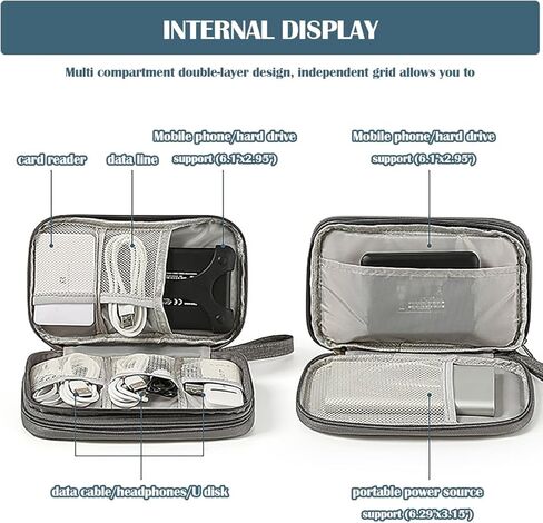 حقيبة تنظيم السفر من ULLiaN Electronics، حقيبة تخزين سلكية مزودة بطبقتين من الملحقات التكنولوجية مع قطعتين من ربطات البيانات المصنوعة من السيليكون وحقائب الكابلات المحمولة لشاحن الهاتف وبنك الطاقة وكابلات بطاقة SD، رمادي in Kuwait