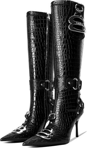 LACIKOSZ Knee High Crocodile Boots for Women Pointed Toe Slim Calf Sexy Stiletto High Heel Long Tall Boots with Slide Zipper Buckle Rivets in Saudi Arabia