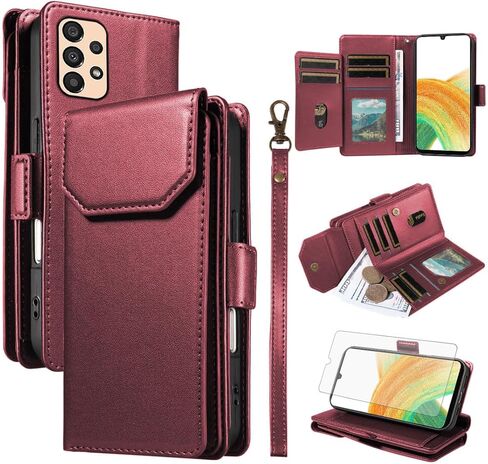 Asuwish Phone Case for Samsung Galaxy A33 5G Cell Wallet Cover with Tempered Glass Screen Protector Flip Credit Card Holder Slot Stand A 33 33A Women Men Folio Purse Lanyard Wrist Strap Red in Saudi Arabia