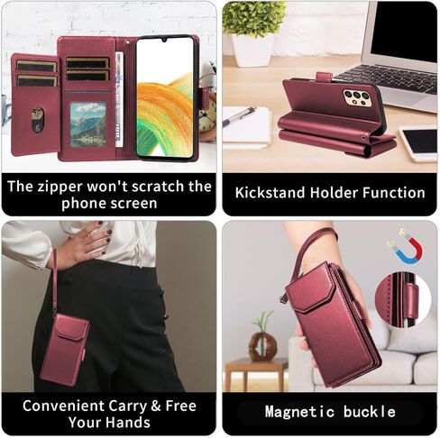 Asuwish Phone Case for Samsung Galaxy A33 5G Cell Wallet Cover with Tempered Glass Screen Protector Flip Credit Card Holder Slot Stand A 33 33A Women Men Folio Purse Lanyard Wrist Strap Red in Saudi Arabia