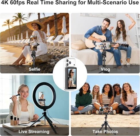 شاشة مراقبة سيلفي متوافقة مع iPhone 17 وما دونه وأندرويد، شاشة لمس مغناطيسية لكاميرا خلفية Vlog، 4K 60 إطارًا في الثانية، نطاق 164 قدمًا، 1500 مللي أمبير في الساعة، شاشة سيلفي لـ Vlog Live Stream TikTok YouTube (أسود) in Kuwait