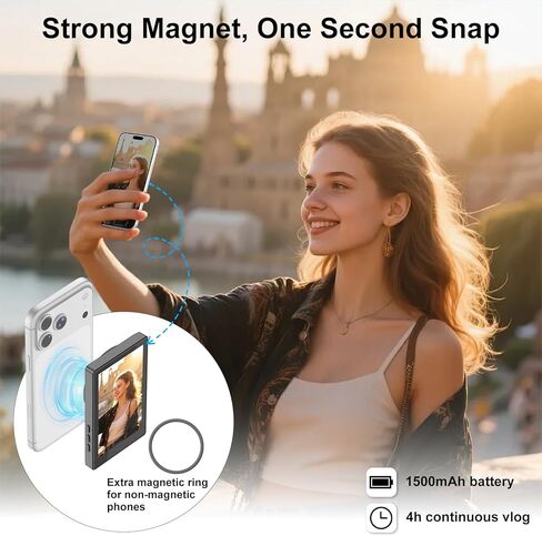 شاشة مراقبة سيلفي متوافقة مع iPhone 17 وما دونه وأندرويد، شاشة لمس مغناطيسية لكاميرا خلفية Vlog، 4K 60 إطارًا في الثانية، نطاق 164 قدمًا، 1500 مللي أمبير في الساعة، شاشة سيلفي لـ Vlog Live Stream TikTok YouTube (أسود) in Kuwait