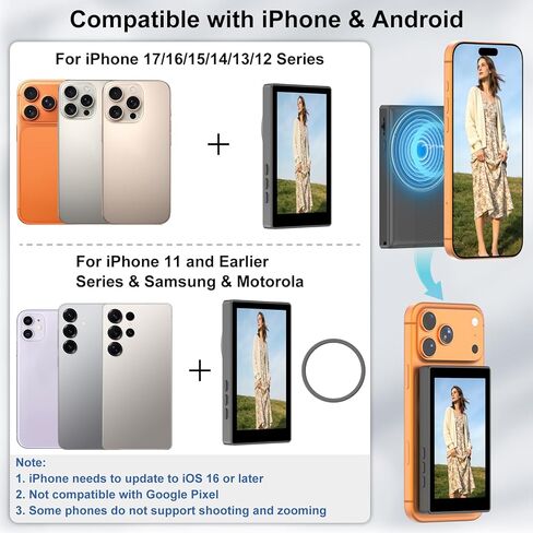 شاشة مراقبة سيلفي متوافقة مع iPhone 17 وما دونه وأندرويد، شاشة لمس مغناطيسية لكاميرا خلفية Vlog، 4K 60 إطارًا في الثانية، نطاق 164 قدمًا، 1500 مللي أمبير في الساعة، شاشة سيلفي لـ Vlog Live Stream TikTok YouTube (أسود) in Kuwait