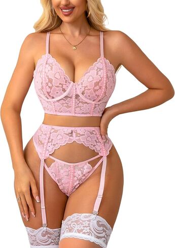 Donnalla Women's Lingerie Sexy Sets Lace Push Up Lingerie with Garter Belt Cutout Outfits Matching Bra Panty 3 Piece in Saudi Arabia