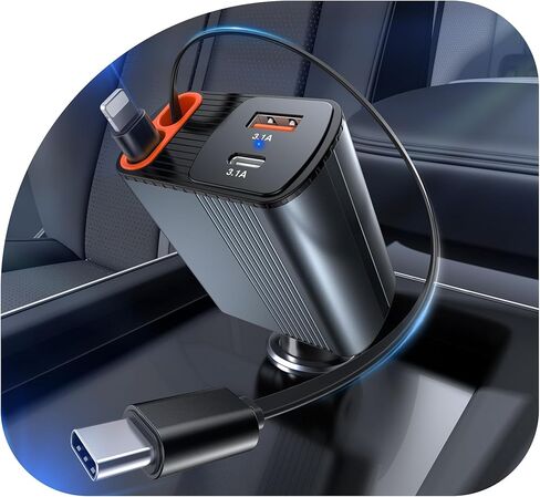 2026 شاحن سيارة قابل للسحب بقدرة 78 وات، شاحن سيارة 4 في 1 مع كابلات USB-C وLightning مزدوجة بطول 2.6 قدم، ملحقات سيارة بمنفذين شحن سريع، شاحن هاتف سريع لهاتف iPhone 17/16/15 وSamsung وGalaxy وPixel in Kuwait
