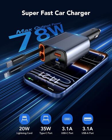2026 شاحن سيارة قابل للسحب بقدرة 78 وات، شاحن سيارة 4 في 1 مع كابلات USB-C وLightning مزدوجة بطول 2.6 قدم، ملحقات سيارة بمنفذين شحن سريع، شاحن هاتف سريع لهاتف iPhone 17/16/15 وSamsung وGalaxy وPixel in Kuwait