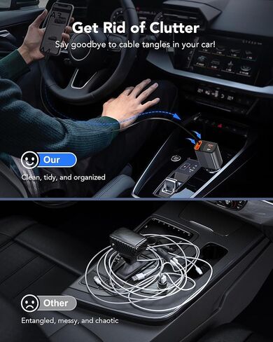 2026 شاحن سيارة قابل للسحب بقدرة 78 وات، شاحن سيارة 4 في 1 مع كابلات USB-C وLightning مزدوجة بطول 2.6 قدم، ملحقات سيارة بمنفذين شحن سريع، شاحن هاتف سريع لهاتف iPhone 17/16/15 وSamsung وGalaxy وPixel in Kuwait