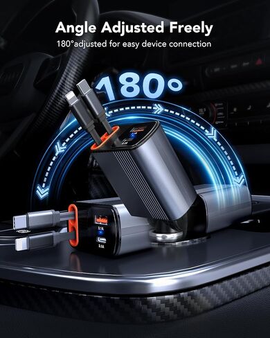 2026 شاحن سيارة قابل للسحب بقدرة 78 وات، شاحن سيارة 4 في 1 مع كابلات USB-C وLightning مزدوجة بطول 2.6 قدم، ملحقات سيارة بمنفذين شحن سريع، شاحن هاتف سريع لهاتف iPhone 17/16/15 وSamsung وGalaxy وPixel in Kuwait