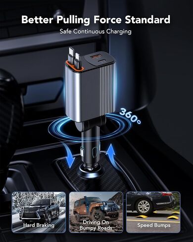 2026 شاحن سيارة قابل للسحب بقدرة 78 وات، شاحن سيارة 4 في 1 مع كابلات USB-C وLightning مزدوجة بطول 2.6 قدم، ملحقات سيارة بمنفذين شحن سريع، شاحن هاتف سريع لهاتف iPhone 17/16/15 وSamsung وGalaxy وPixel in Kuwait
