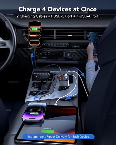 2026 شاحن سيارة قابل للسحب بقدرة 78 وات، شاحن سيارة 4 في 1 مع كابلات USB-C وLightning مزدوجة بطول 2.6 قدم، ملحقات سيارة بمنفذين شحن سريع، شاحن هاتف سريع لهاتف iPhone 17/16/15 وSamsung وGalaxy وPixel in Kuwait