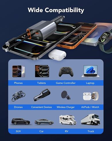 2026 شاحن سيارة قابل للسحب بقدرة 78 وات، شاحن سيارة 4 في 1 مع كابلات USB-C وLightning مزدوجة بطول 2.6 قدم، ملحقات سيارة بمنفذين شحن سريع، شاحن هاتف سريع لهاتف iPhone 17/16/15 وSamsung وGalaxy وPixel in Kuwait