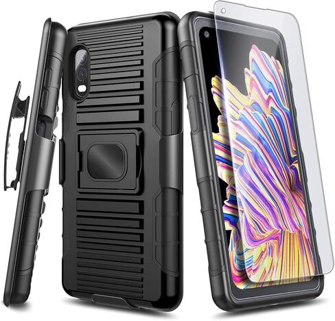 NZND Case for Samsung Galaxy XCover Pro (G715 AT&T FirstNet Verizon) with Tempered Glass Screen Protector, Belt Clip Holster, Rugged Ring Grip Cover with Stand [Built-in Mounting Plate] -Black in Kuwait