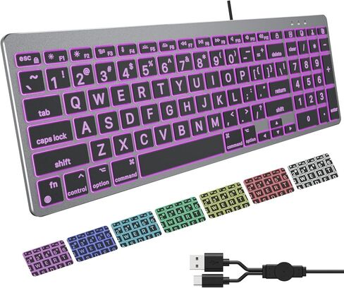 OMOTON Wired Keyboard for Mac, Large Print Backlit Keyboard with Numeric Keypad, Dual Interface (USB C + A), 7 Colors Light UP and Easy to See Big Letters for MacBook Pro/Air, Mini, iMac, Space Grey in Saudi Arabia