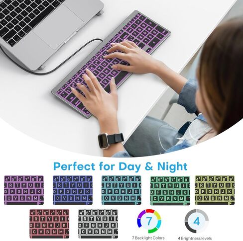 OMOTON Wired Keyboard for Mac, Large Print Backlit Keyboard with Numeric Keypad, Dual Interface (USB C + A), 7 Colors Light UP and Easy to See Big Letters for MacBook Pro/Air, Mini, iMac, Space Grey in Saudi Arabia