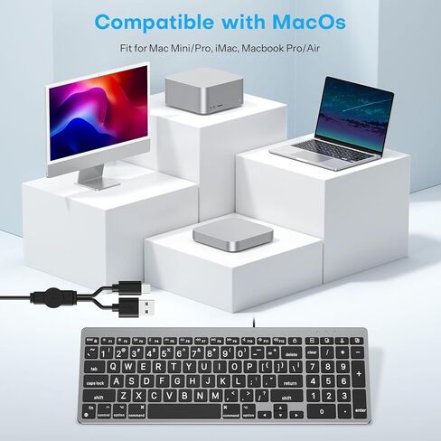 OMOTON Wired Keyboard for Mac, Large Print Backlit Keyboard with Numeric Keypad, Dual Interface (USB C + A), 7 Colors Light UP and Easy to See Big Letters for MacBook Pro/Air, Mini, iMac, Space Grey in Saudi Arabia