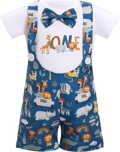 ODASDO Boy Baby Forest Animal Jungle Safari 1st Birthday Cake Smash Outfit Short Sleeve Romper Suspenders Shorts Set in Saudi Arabia