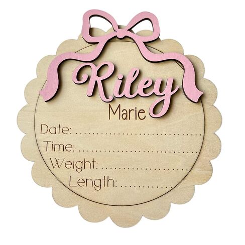 Personalized Baby Girl Birth Announcement Stat Sign with Bow – Custom Round Wooden Name Plaque with Scalloped Edge - Newborn Hospital Photo Prop & Keepsake (Stat Sign) in Saudi Arabia