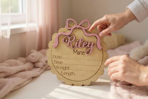 Personalized Baby Girl Birth Announcement Stat Sign with Bow – Custom Round Wooden Name Plaque with Scalloped Edge - Newborn Hospital Photo Prop & Keepsake (Stat Sign) in Saudi Arabia