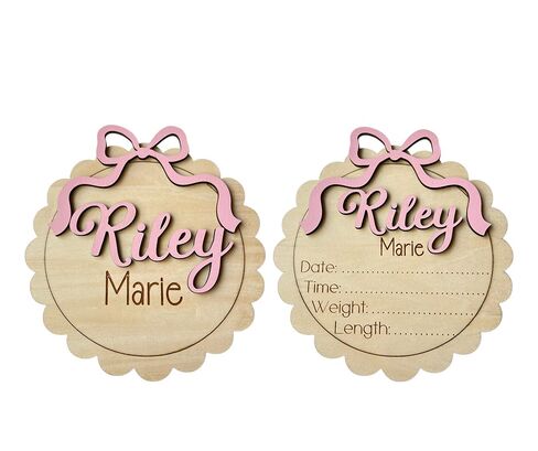 Personalized Baby Girl Birth Announcement Stat Sign with Bow – Custom Round Wooden Name Plaque with Scalloped Edge - Newborn Hospital Photo Prop & Keepsake (Stat Sign) in Saudi Arabia
