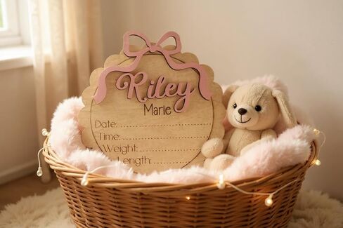 Personalized Baby Girl Birth Announcement Stat Sign with Bow – Custom Round Wooden Name Plaque with Scalloped Edge - Newborn Hospital Photo Prop & Keepsake (Stat Sign) in Saudi Arabia
