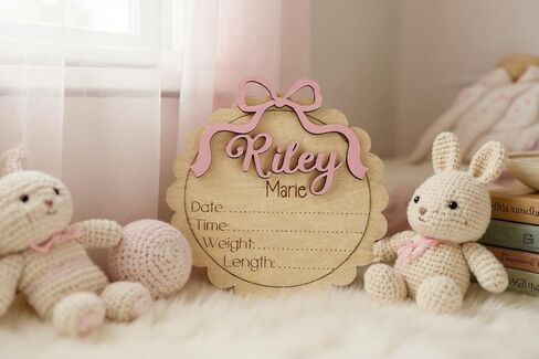 Personalized Baby Girl Birth Announcement Stat Sign with Bow – Custom Round Wooden Name Plaque with Scalloped Edge - Newborn Hospital Photo Prop & Keepsake (Stat Sign) in Saudi Arabia