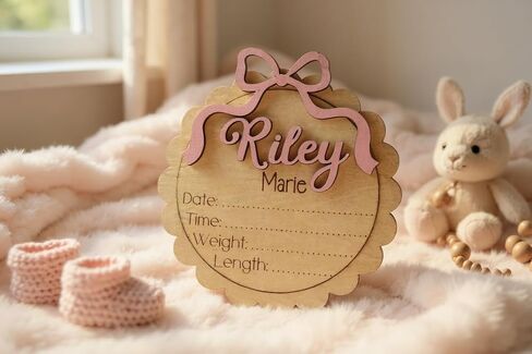 Personalized Baby Girl Birth Announcement Stat Sign with Bow – Custom Round Wooden Name Plaque with Scalloped Edge - Newborn Hospital Photo Prop & Keepsake (Stat Sign) in Saudi Arabia