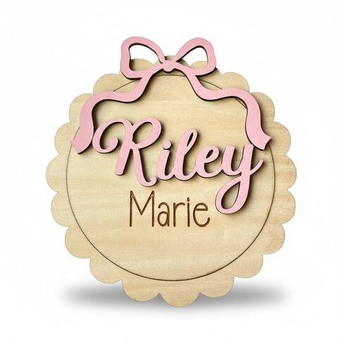 Personalized Baby Girl Birth Announcement Stat Sign with Bow – Custom Round Wooden Name Plaque with Scalloped Edge - Newborn Hospital Photo Prop & Keepsake (Stat Sign) in Saudi Arabia