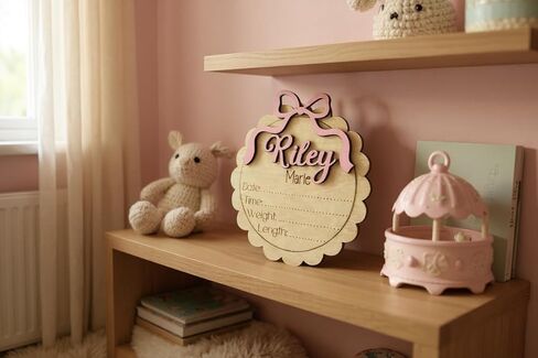 Personalized Baby Girl Birth Announcement Stat Sign with Bow – Custom Round Wooden Name Plaque with Scalloped Edge - Newborn Hospital Photo Prop & Keepsake (Stat Sign) in Saudi Arabia