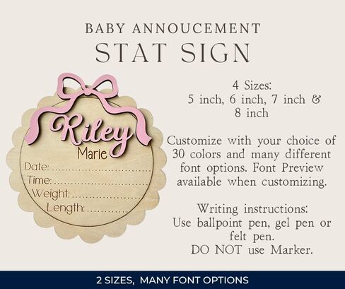 Personalized Baby Girl Birth Announcement Stat Sign with Bow – Custom Round Wooden Name Plaque with Scalloped Edge - Newborn Hospital Photo Prop & Keepsake (Stat Sign) in Saudi Arabia