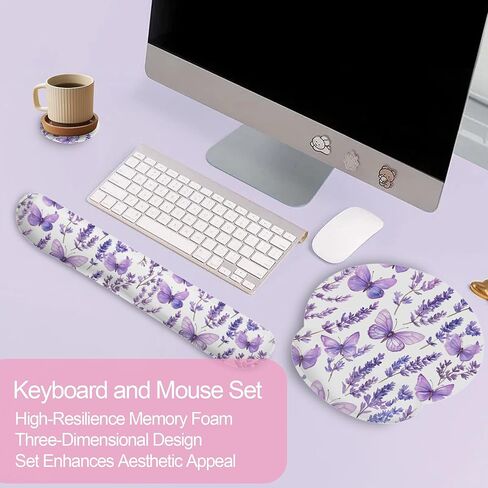 Lavender Butterfly Mouse Pad with Wrist Rest and Keyboard Wrist Rest Set, Non-Slip Rubber Base Memory Foam Mouse Pad Set for Women, Office Desk Accessories, Gaming in Saudi Arabia