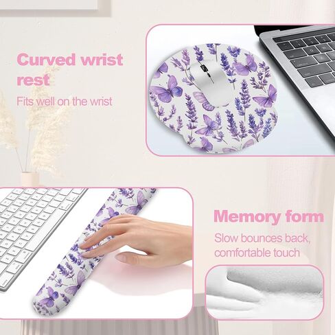 Lavender Butterfly Mouse Pad with Wrist Rest and Keyboard Wrist Rest Set, Non-Slip Rubber Base Memory Foam Mouse Pad Set for Women, Office Desk Accessories, Gaming in Saudi Arabia